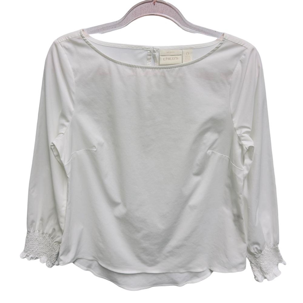 Chico's White Long-Sleeve Blouse with Smocked Cuffs